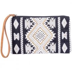 Katydid Black And White Geometrical Wristlet With Leather Strap