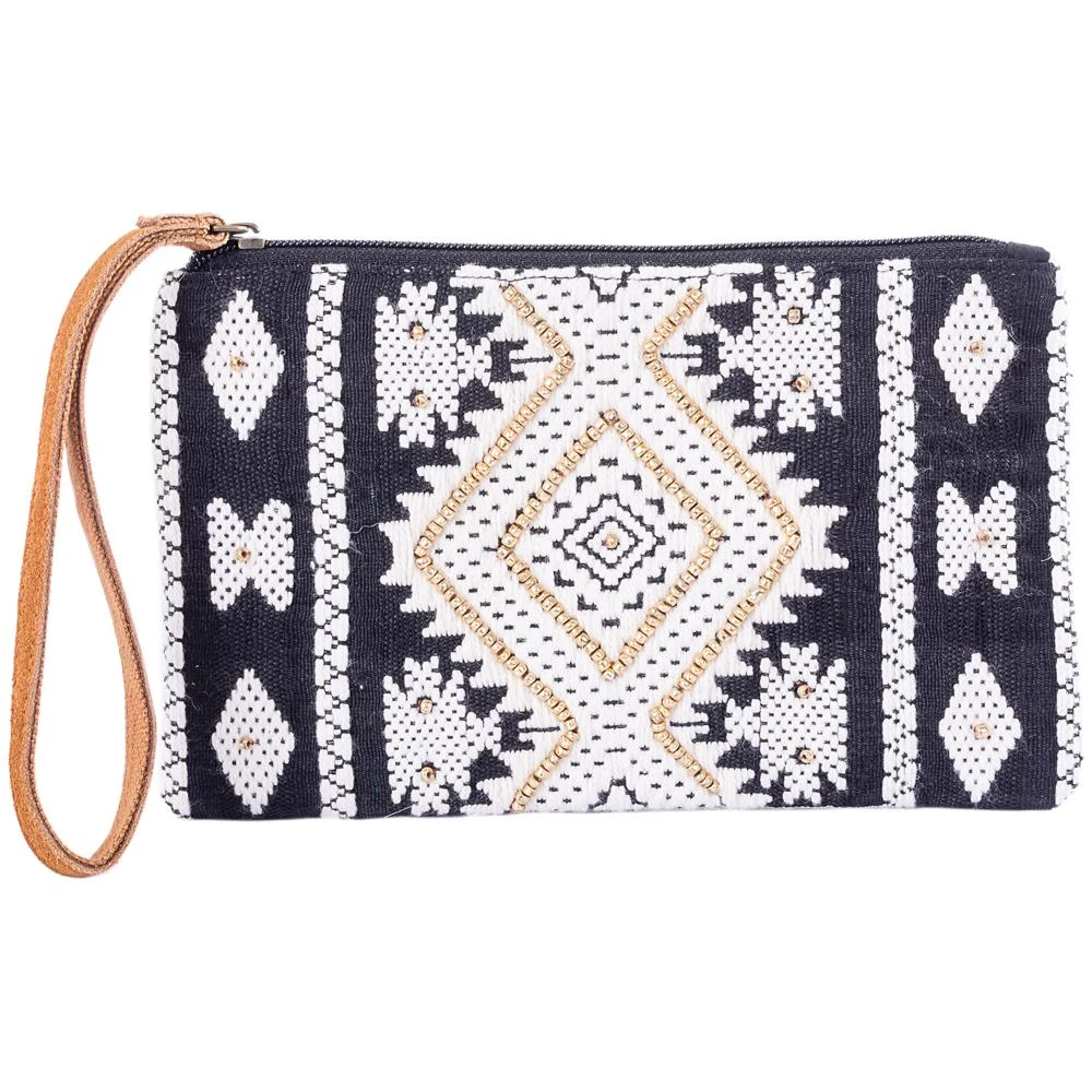 Katydid Black And White Geometrical Wristlet With Leather Strap