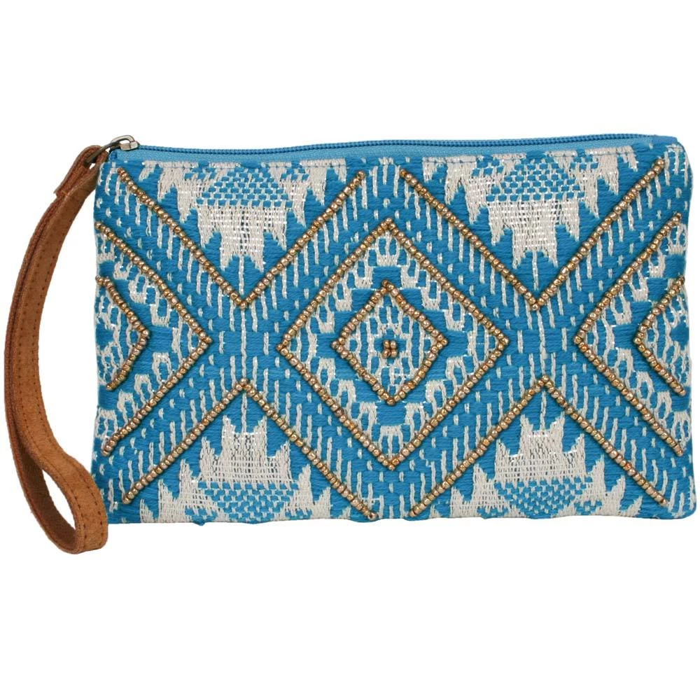 Katydid Weekend Vibes Collection Blue And Gold Beaded Wristlet With Leather Strap