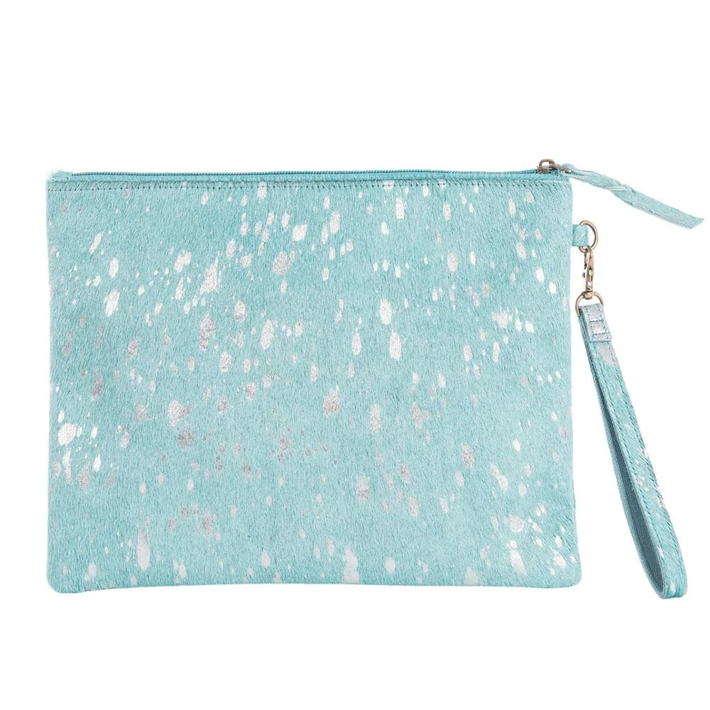Katydid Turquoise/Silver Metallic Hair On Leather Clutch Mom Life Collection