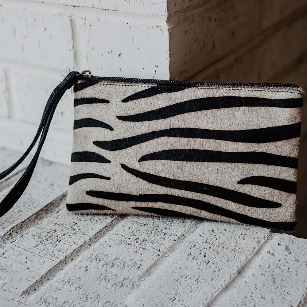 Katydid Gray/Black Zebra Hair On Leather Wristlet