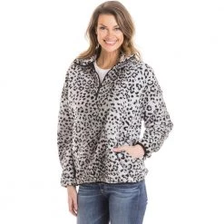 Katydid Gray Leopard Sherpa PULLOVER With Pockets Fall & Winter