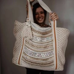 Katydid Cream/Tan Chevron Beaded Tote Bag Fall & Winter