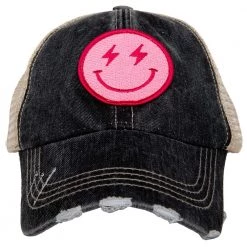 Katydid Hot Pink Lightning Happy Face (Black/Tan) Trucker Hat