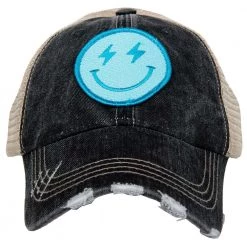 Katydid New Turquoise Lightning Happy Face (Black/Tan) Trucker Hat