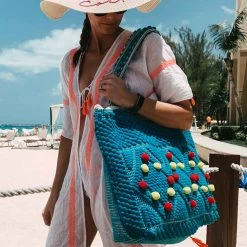 Katydid Turquoise Pom Pom Tote Bag