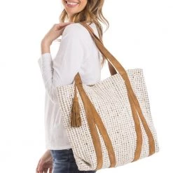 Katydid.com Cream And Metallic Gold Foil Tote Bag With Leather Straps Fall & Winter