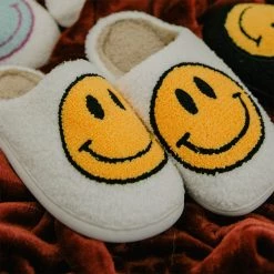 Katydid White Fuzzy Happy Face Slippers