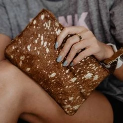 Katydid Brown/Gold Metallic Hair On Leather Wristlet